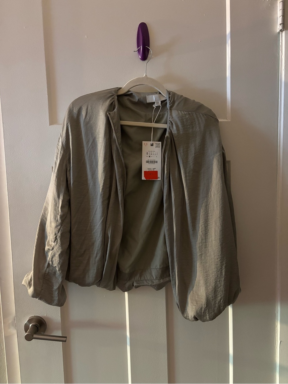 Zara Lightweight Hooded Bomber Jacket in Sage